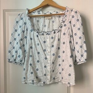 Sezane White Blouse with Blue Floral Design